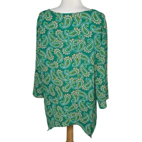 Kim Rogers XL green paisley print long sleeve asymmetrical‎ hem blouse - Picture 3 of 7